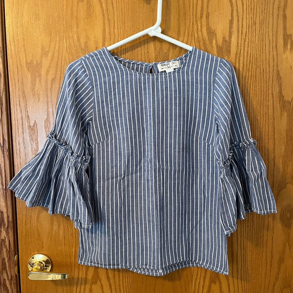 Chic Blue Striped Blouse with Ruffled Sleeves